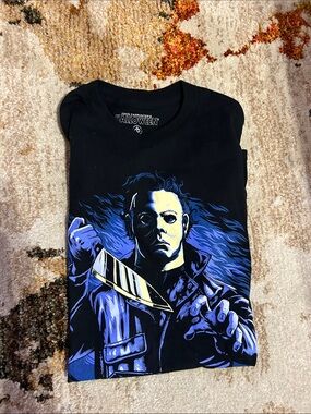 Halloween Graphic Tee with Michael Myers Artwork - Black & Blue